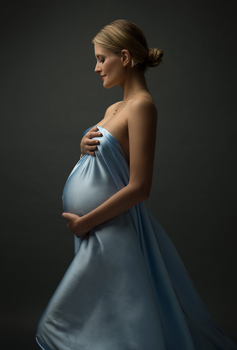elegant maternity photography nyc blue fabric