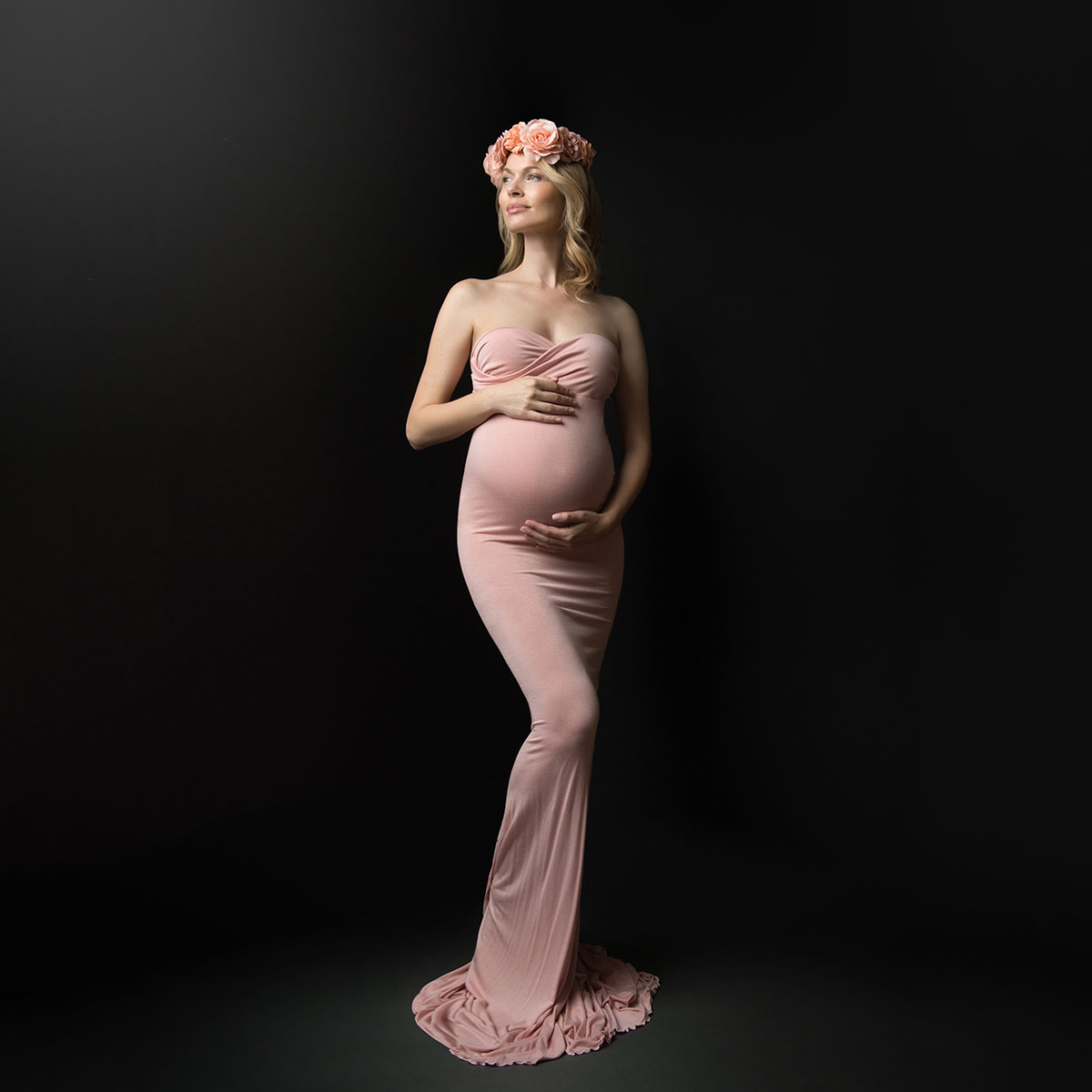 pink dress floral headband maternity model nyc