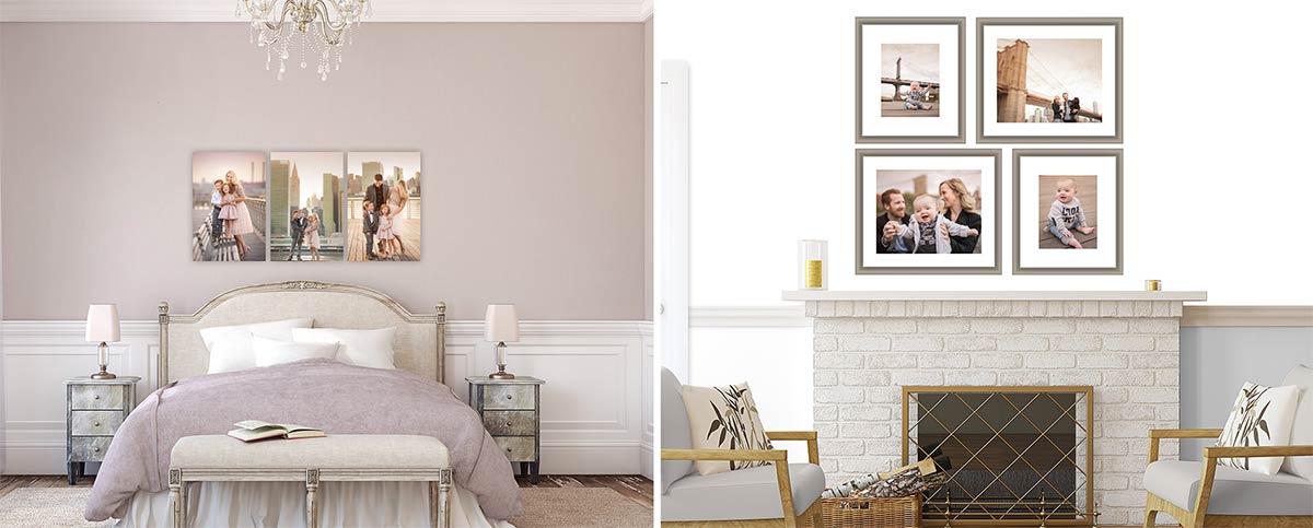 Sample wall display showing various clusters of family portraits in a room setting