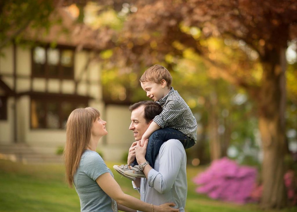Joyful family moment with spring flowers