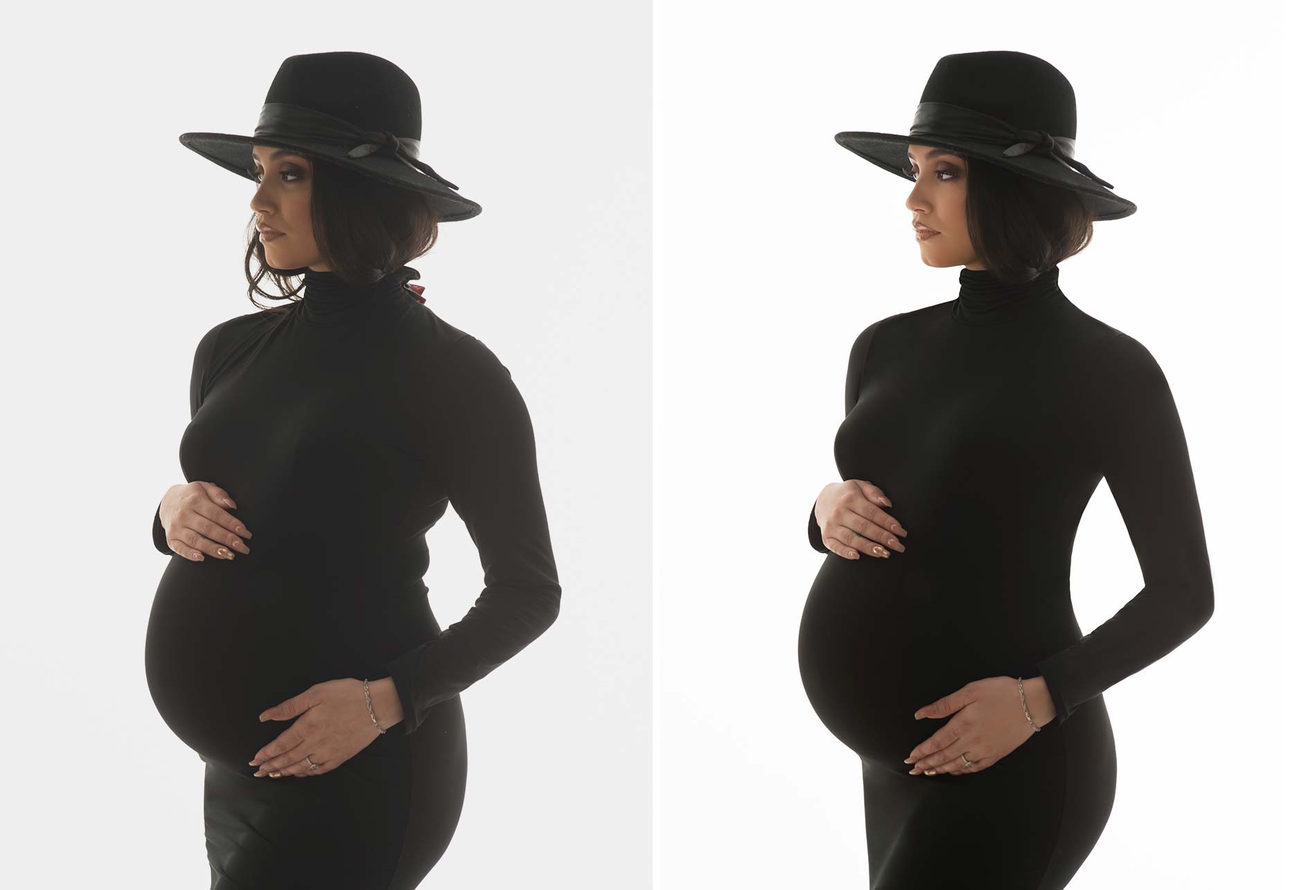 Black dress and hat worn by a pregnant woman in NYC