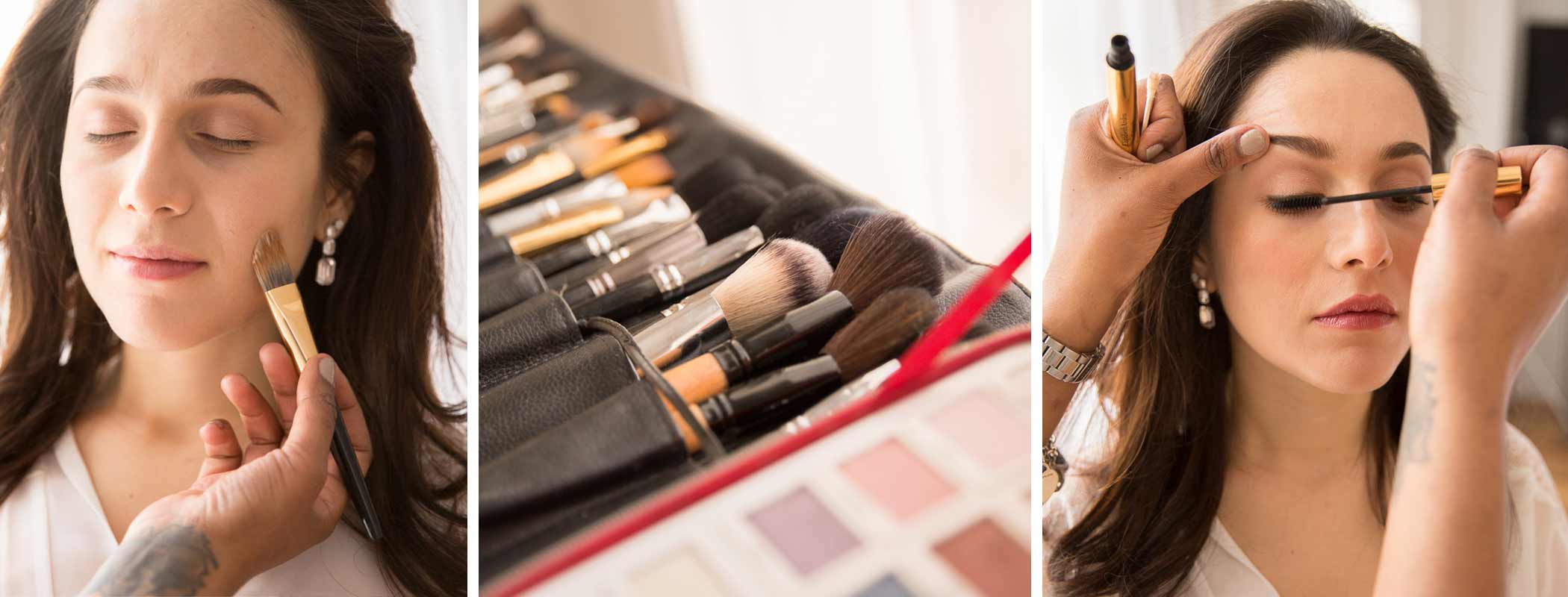 Collage of photos showing a woman having her hair and make-up done