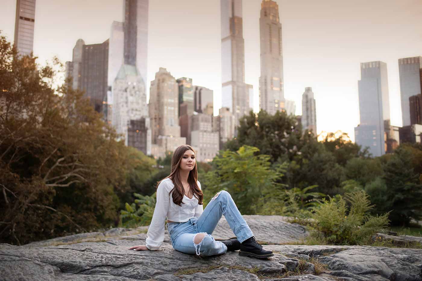 Central Park South skyline is the perfect backdrop for this teen's senior portraits