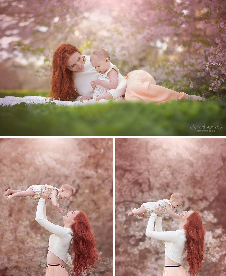 Mother and baby captured on film amidst cherry blossom trees in New York