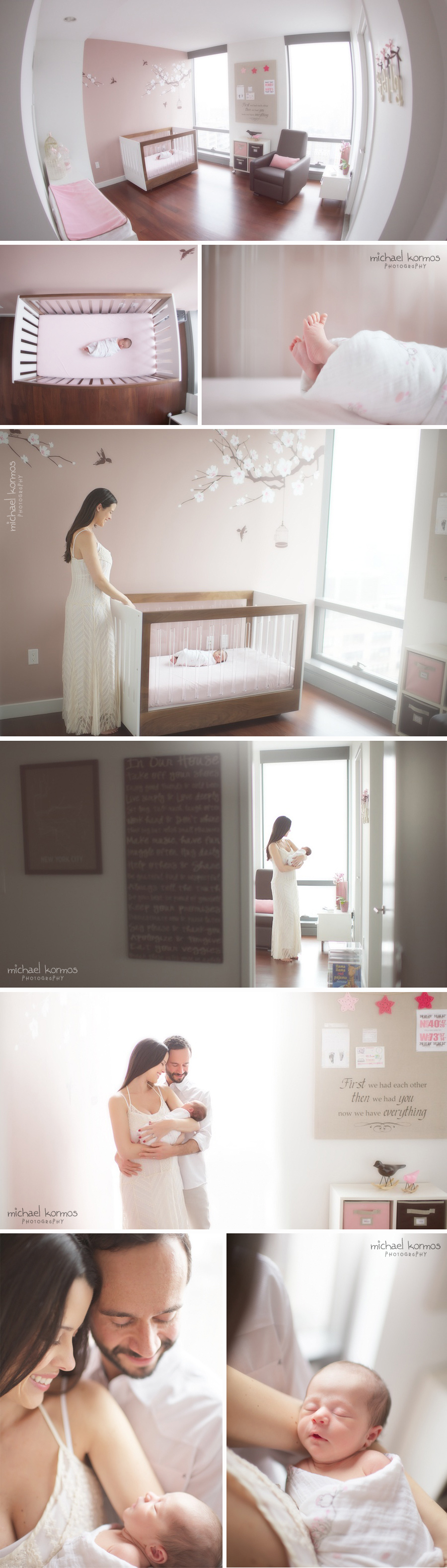 Beautifully decorated nursery with gorgeous wall mural is the perfect setting for comfortable and intimate newborn photography that is filled with emotions
