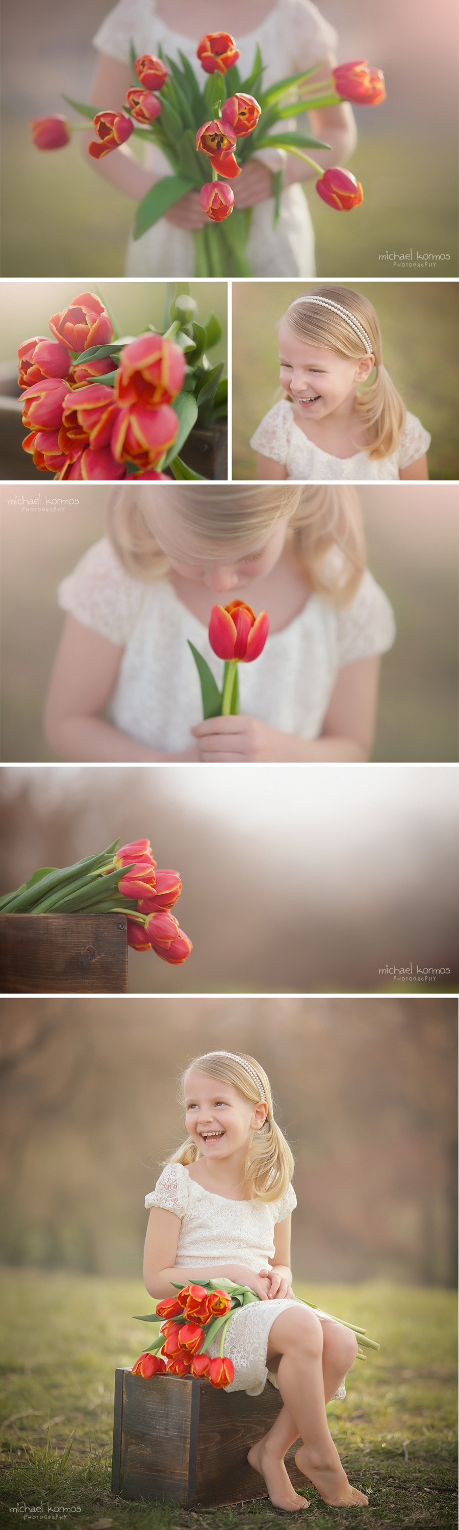 Blonde girl with orange tulips in Springtime photographed by Michael Kormos