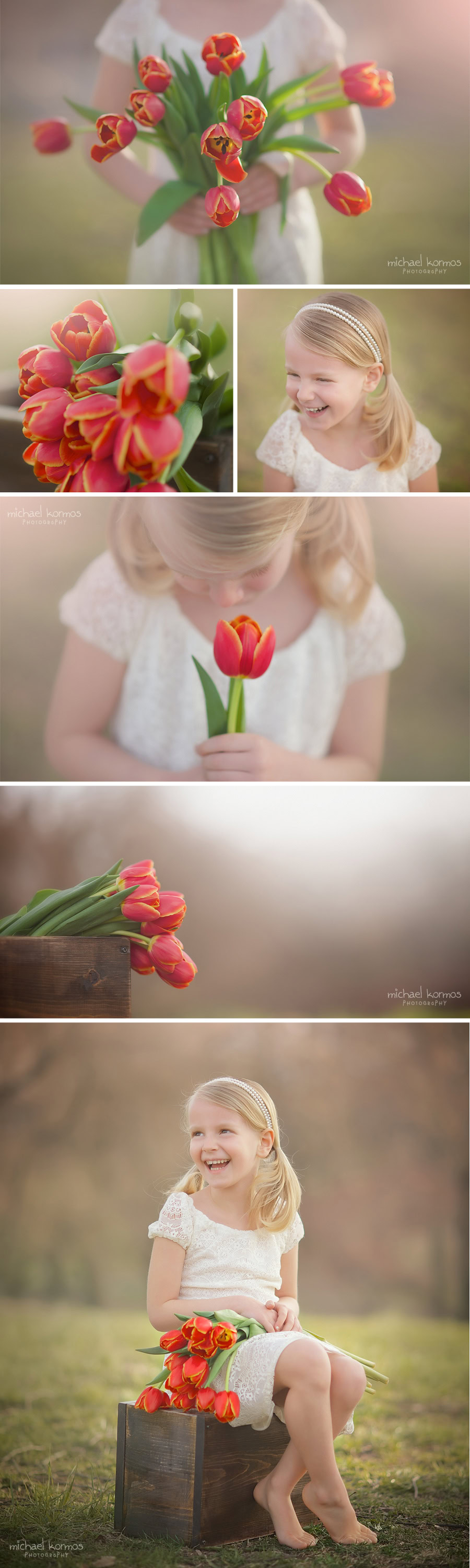 Blonde girl with orange tulips in Springtime photographed by Michael Kormos