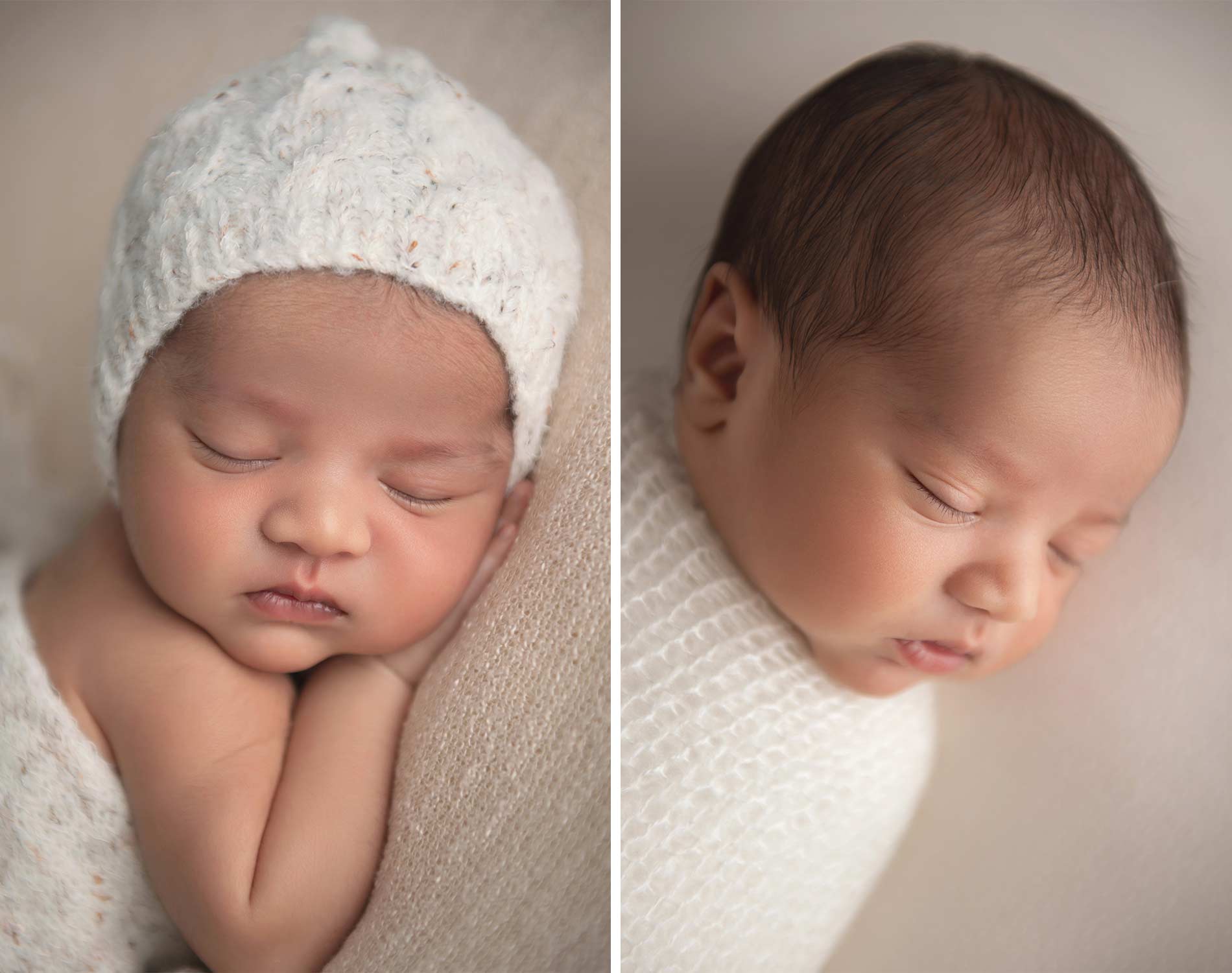 close ups of newborn sleeping with white hat and blanket