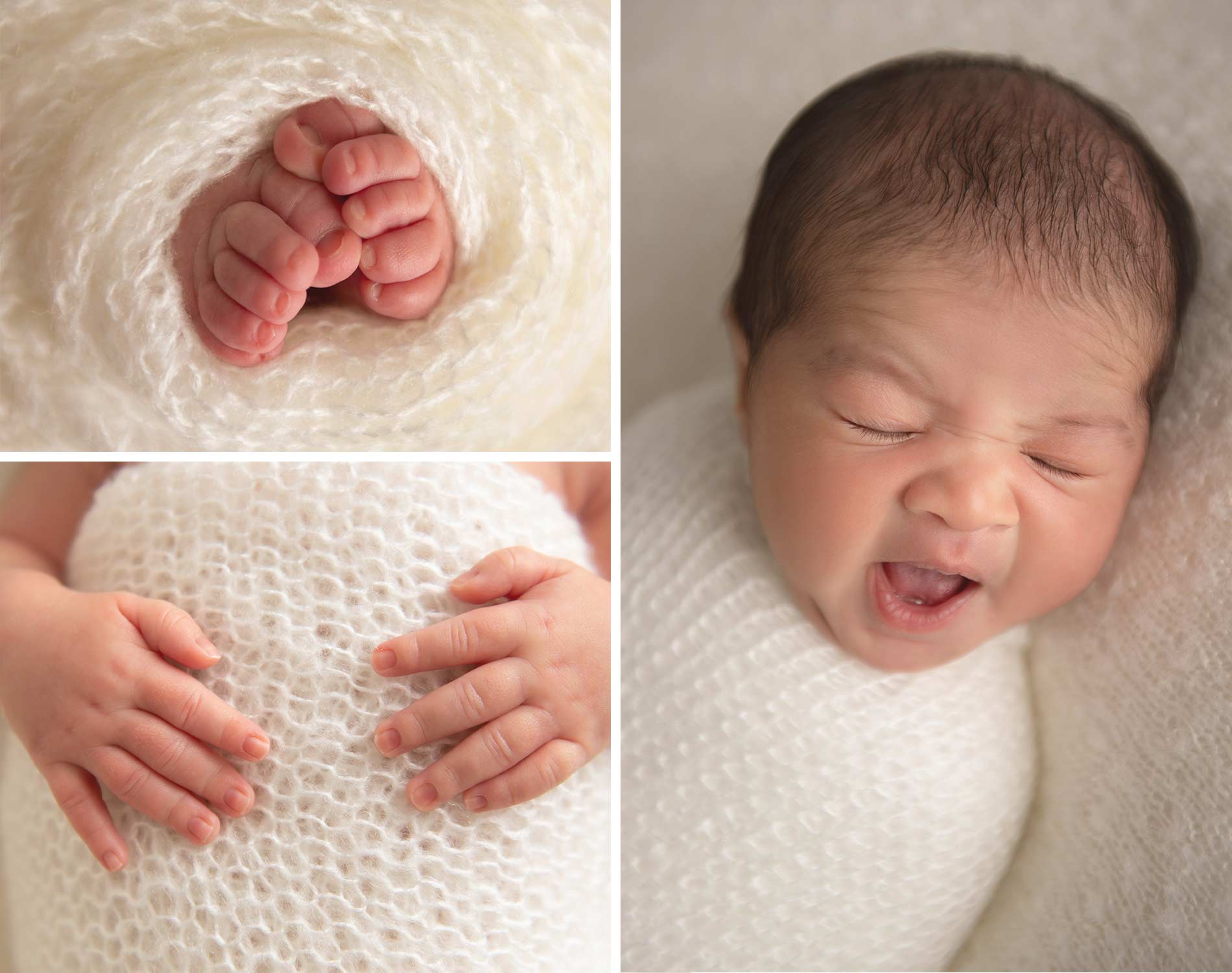 close up shots of newborn's hands, feet and yawning 