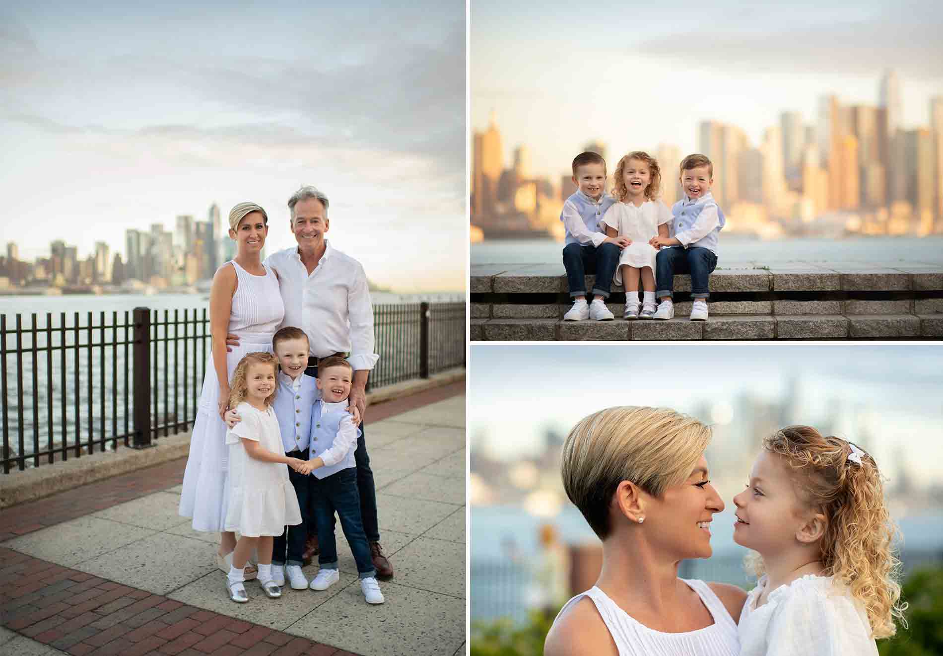 A family of four, in white outfits, poses for photos with the NYC skyline in the background. The parents stand with their two children. Another photo shows the children sitting on a ledge. Lastly, the mother smiles at one child who is also smiling.