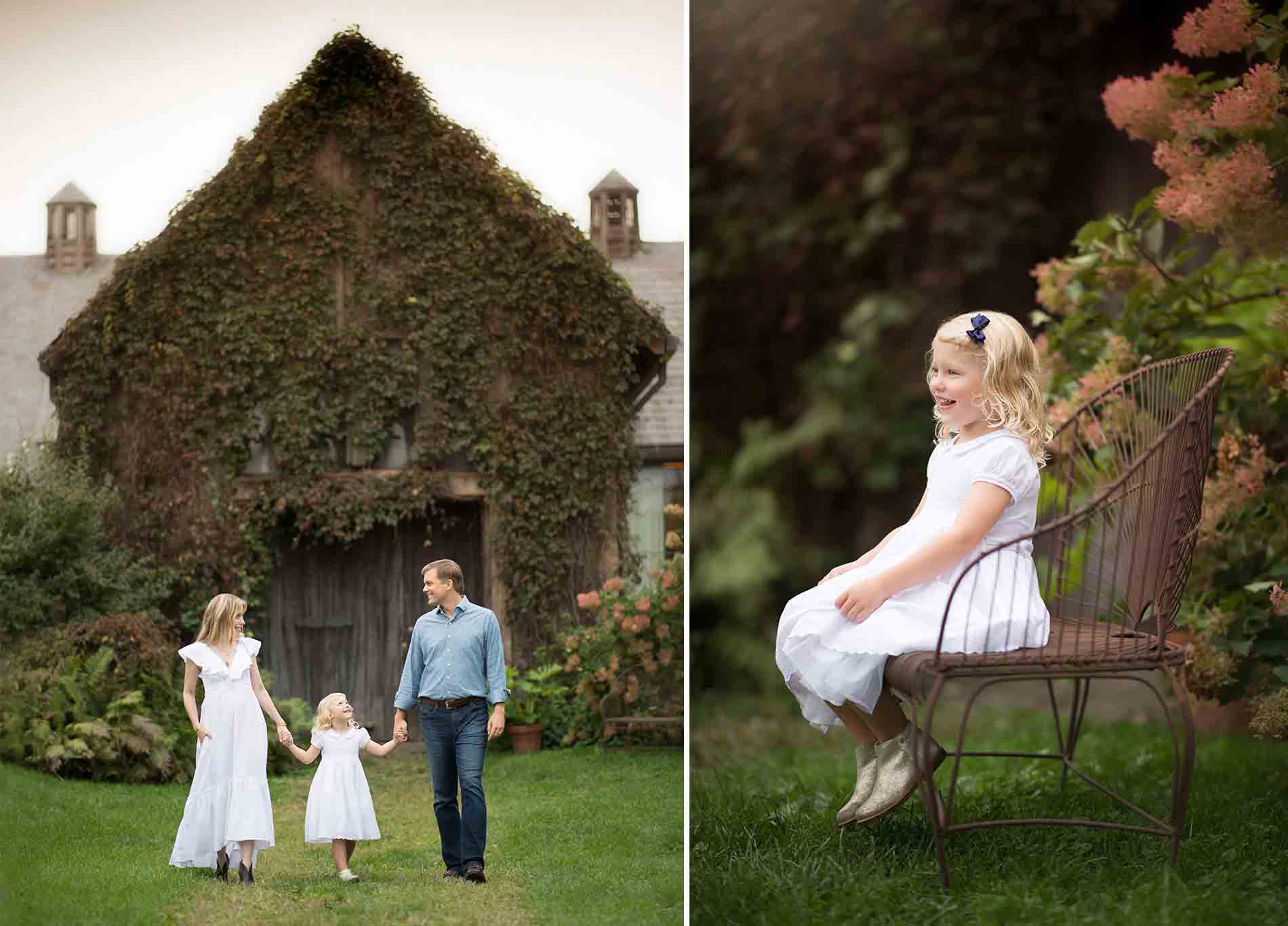On the left, a Westchester, NY family of three—a man, woman, and young girl holding hands—walks in front of an ivy-covered rustic house. On the right, the girl, wearing a white dress, sits on a metal chair in a garden, smiling.