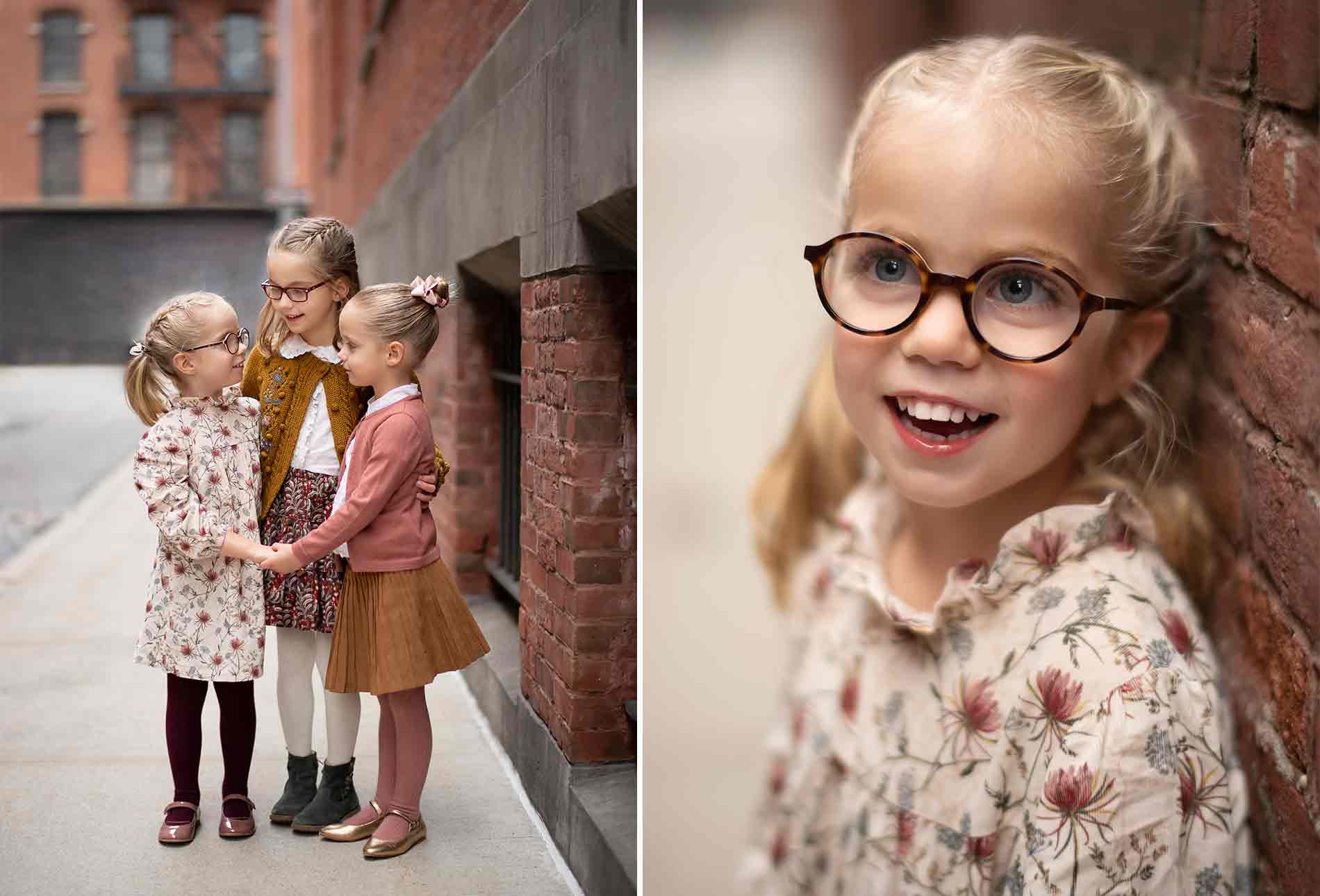 On the left, three young girls, clearly NYC sisters, two with blonde hair and one with brown, are dressed in autumn clothes and standing close to each other while smiling. On the right, a closer shot of the blonde girl wearing glasses, smiling as she leans against a brick wall.