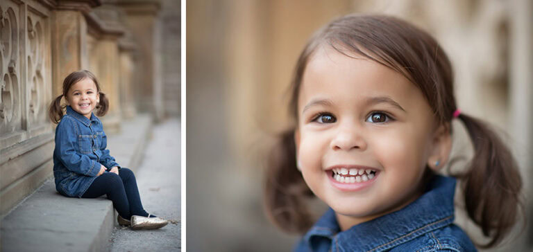 Left: A young toddler with pigtails, wearing a denim jacket, black leggings, and metallic shoes, sits on a stone ledge in NYC, smiling. Right: A close-up of the same child smiling, showing sparkling eyes and pigtails. The background is blurred in both images.