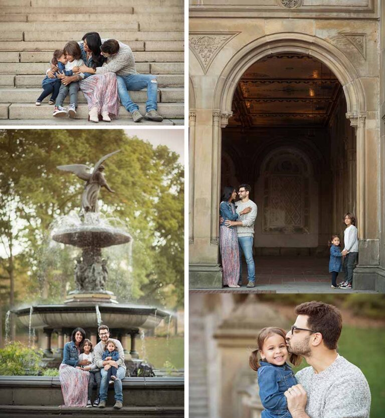 A collage of Central Park family photography features a man, woman, and two young children at a park. They are sitting on steps near a fountain and under an ornate archway. The family is smiling and showing affection throughout the images.