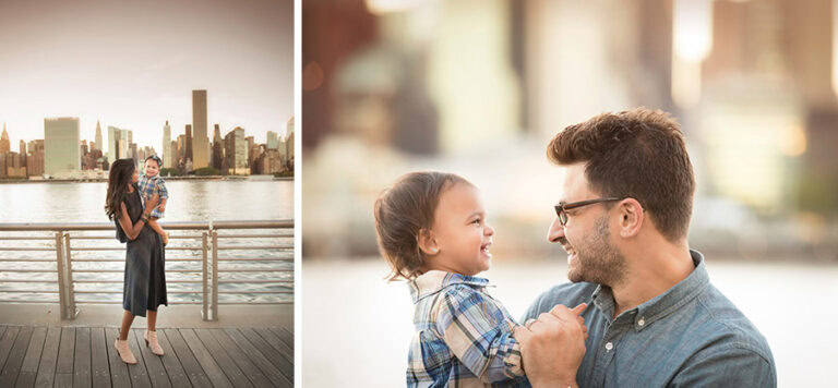 A two-image collage by an NYC photographer features a woman holding a toddler by a river with a city skyline at sunset on the left, and a man smiling at and holding hands with the same toddler who is laughing on the right. Both images convey a warm, joyous family moment.