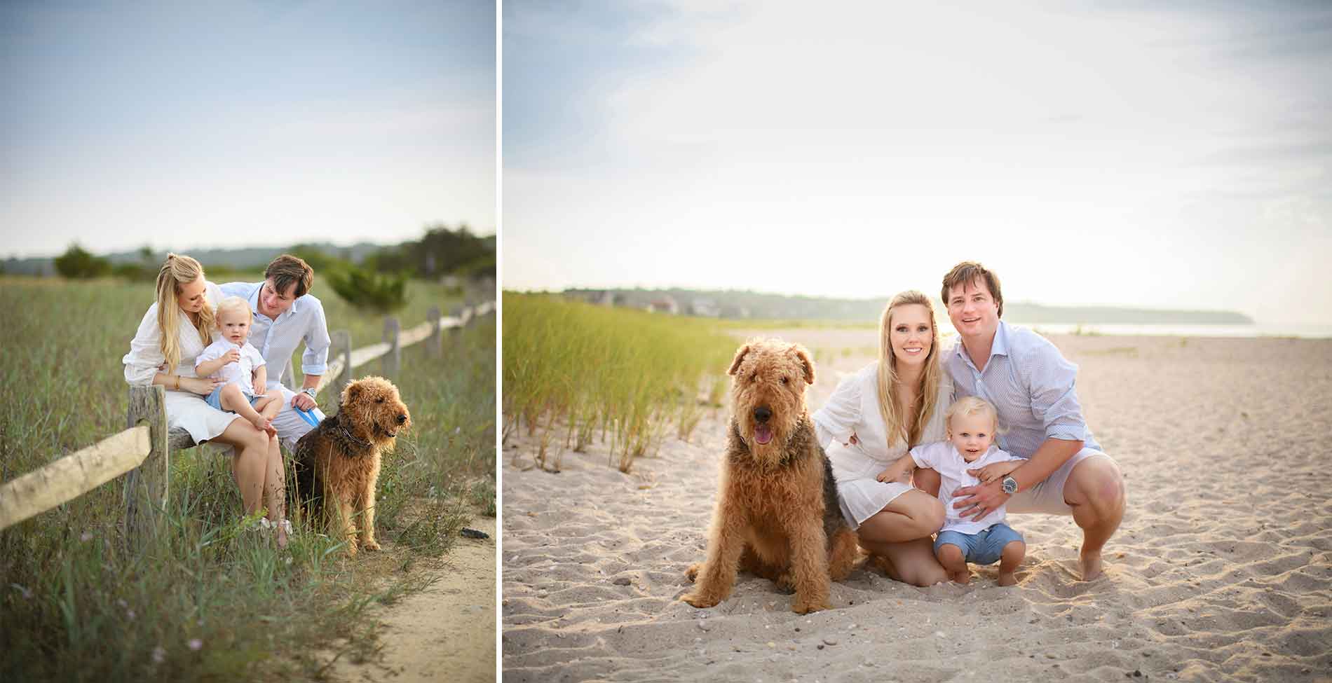 Two images: On the left, a family with a young child and a dog sit by a wooden fence in a grassy area. On the right, the same family poses on a sandy beach in the Hamptons with their dog. In both images, the family appears happy and relaxed.