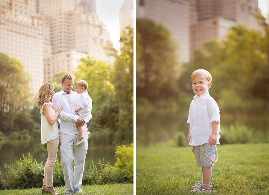 The image is split into two parts. On the left, a family of three with a child enjoys time in the park with city buildings in the background. On the right, a young boy stands alone, smiling for the photographer, dressed in a white shirt and light-colored shorts in the same park setting.