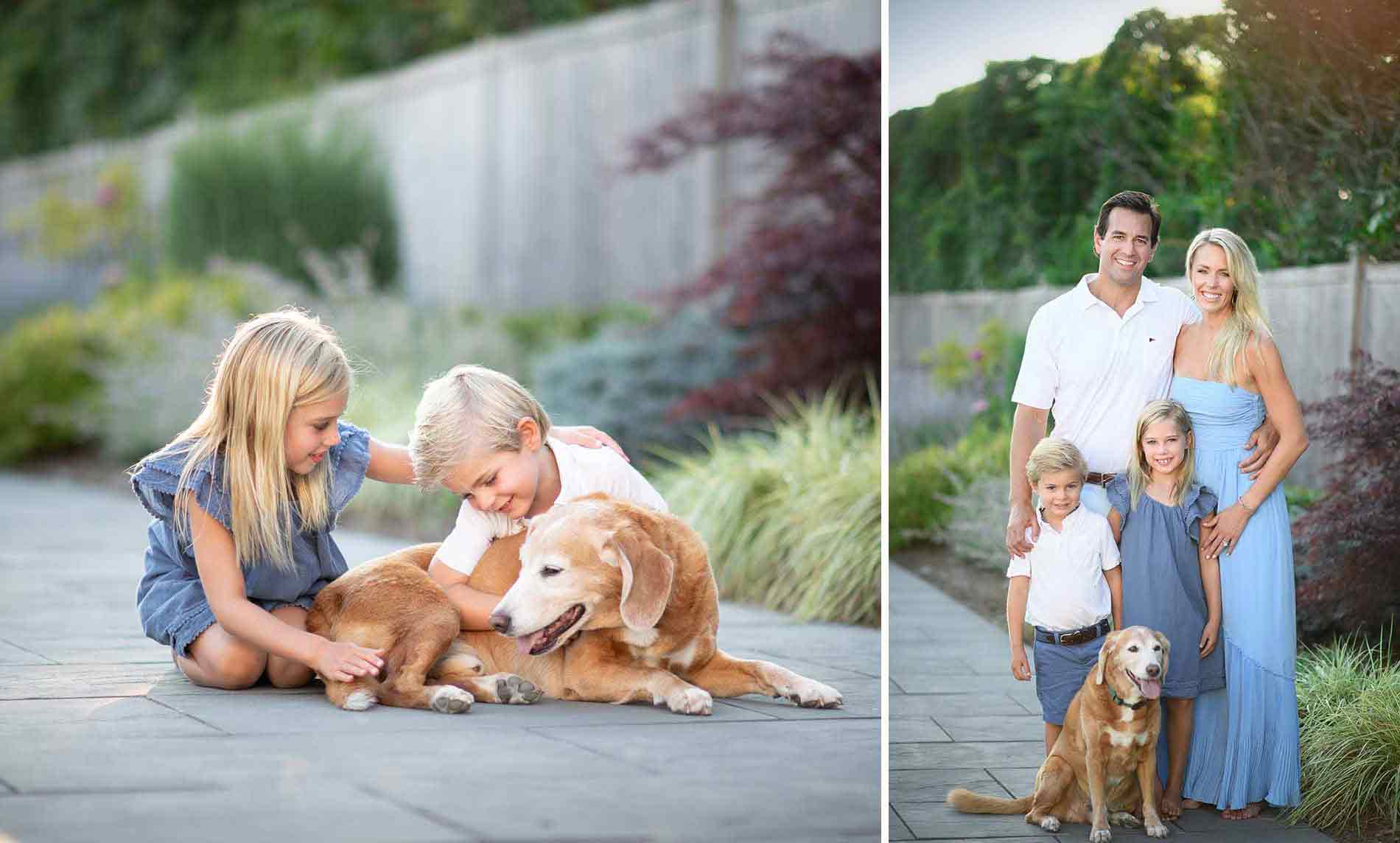 On the left, two children, a girl and a boy, sit on a stone path petting a golden dog. On the right, captured by a family photographer, is a portrait featuring the same man, woman, children, and dog all smiling and standing together in a beautiful garden.