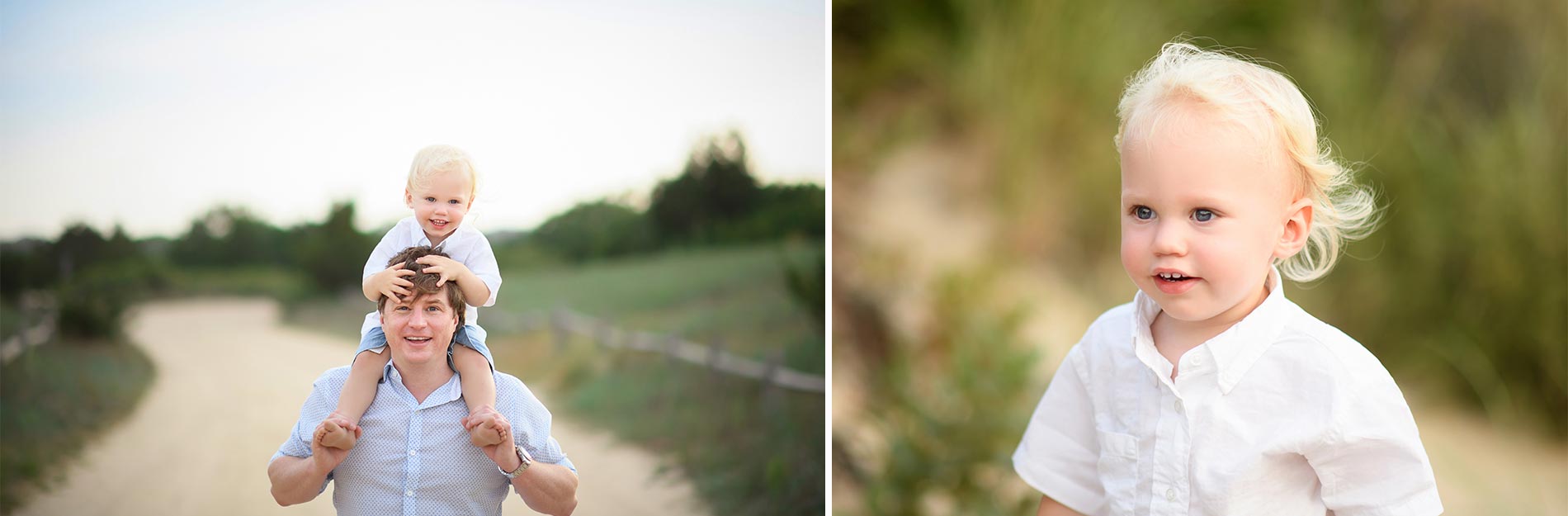 The image shows two photos side-by-side. On the left, a father smiles with his young son on his shoulders outdoors, likely in a park or beach setting in the Hamptons. On the right, a close-up of the son, who has light hair and is wearing a white shirt, standing and looking ahead.