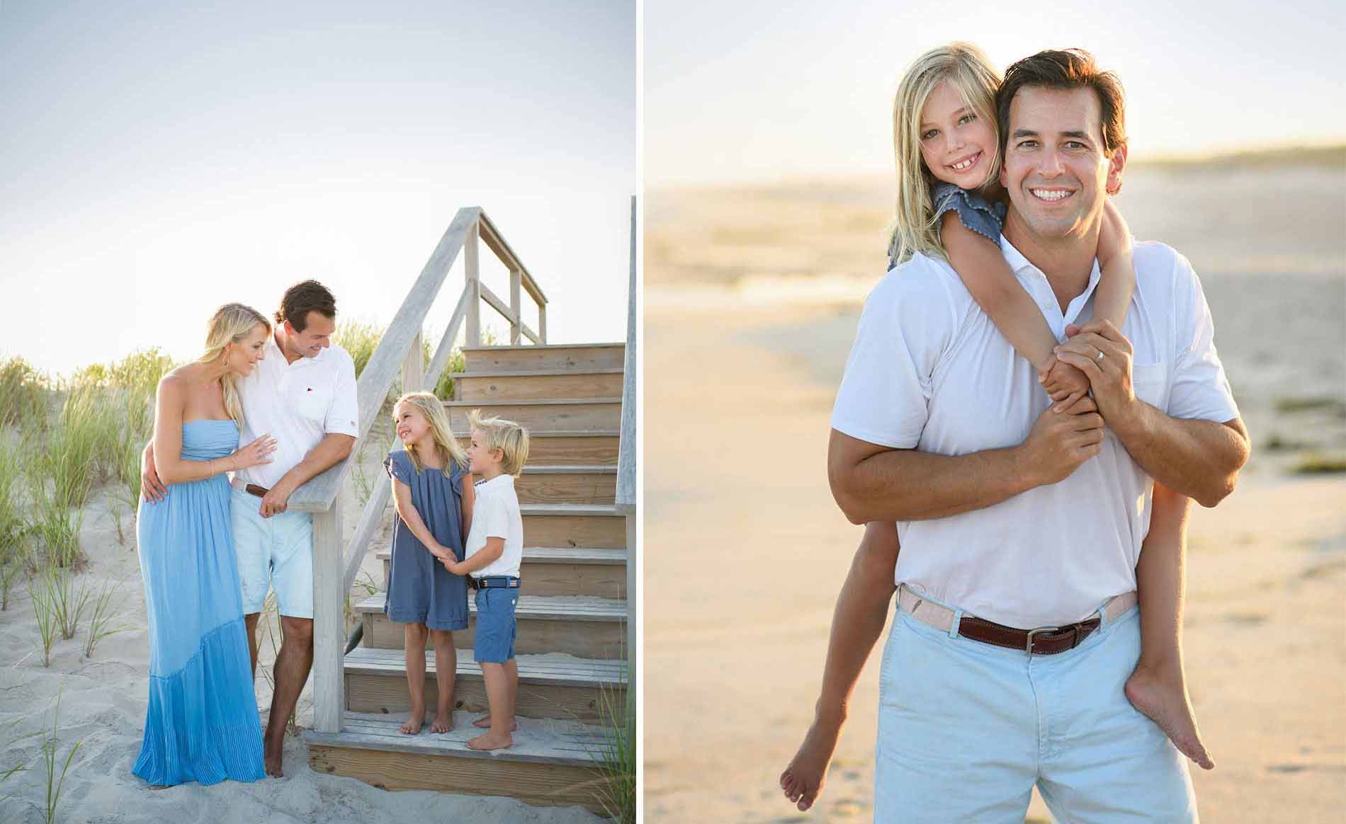 Two images of a family at the beach in East Hampton. Left: A couple stands on wooden stairs with two young children. The woman wears a blue dress, and the man wears a white shirt and light blue shorts. Right: The man carries a smiling young girl on his back on the sandy beach.