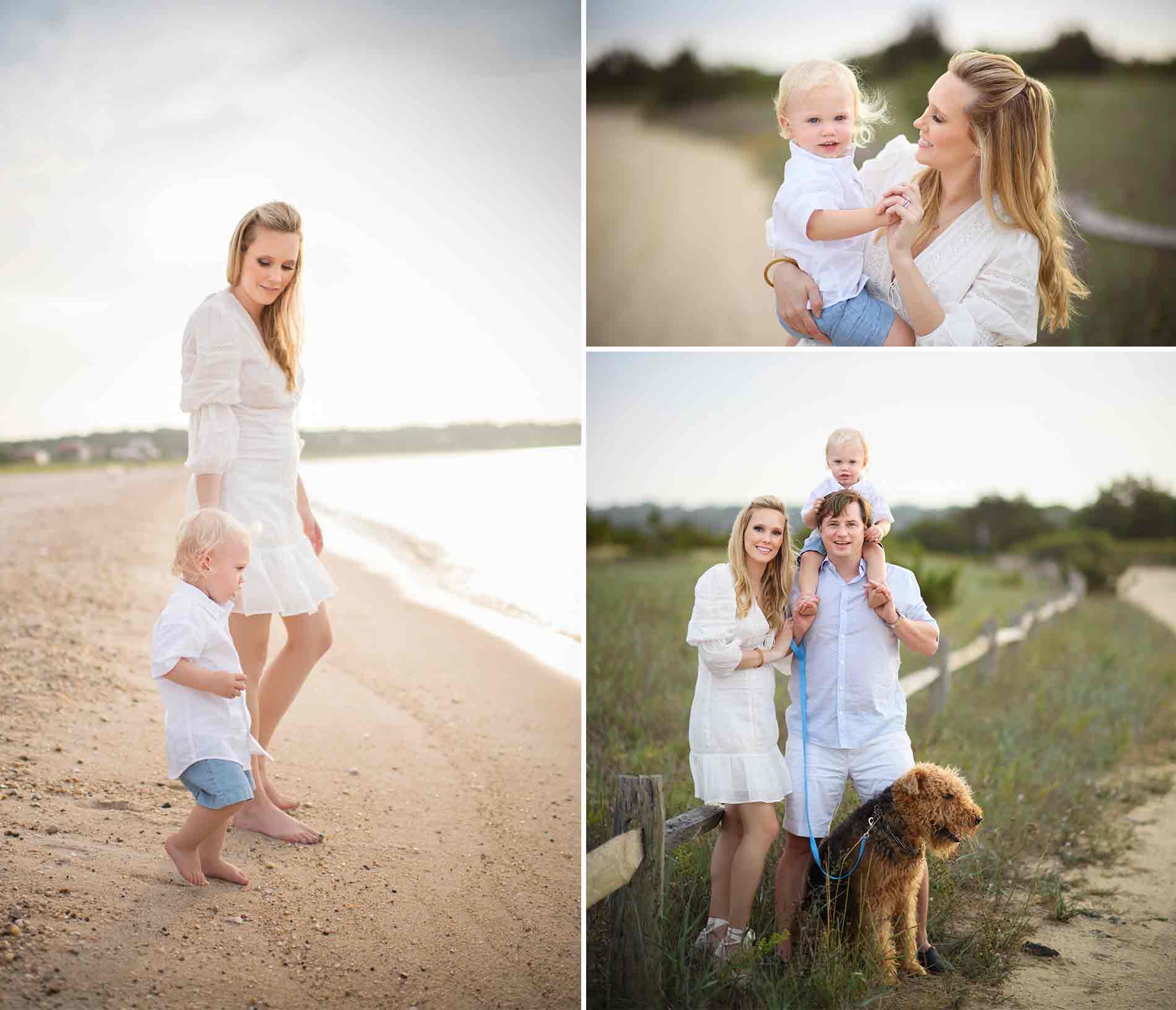 A family enjoys time at the beach in the Hamptons. The collage shows a mother and her son walking along the shore, the mother holding him, and a family of three posing with their dog by a fence. All wear light-colored clothes, with sand, water, and greenery completing the serene scenery.