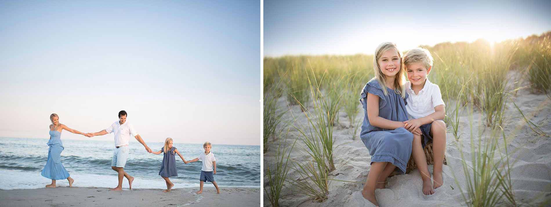 Two side-by-side photos. Left: A family of four holding hands and walking on a beach with the ocean in the background. Right: Two children, a girl in a blue dress and a boy in a white shirt and blue shorts, sitting together in the sand amidst beach grass.