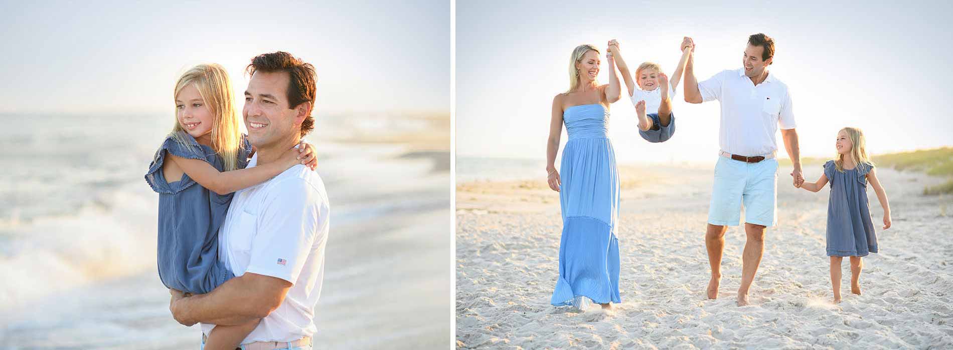 Two photos, captured by a talented photographer, show a cheerful family at the beach. In the first, a man holds a young girl. In the second, a woman in a blue dress and the same man swing a young boy by his arms as the girl walks beside them, all smiling and enjoying the sandy shore.