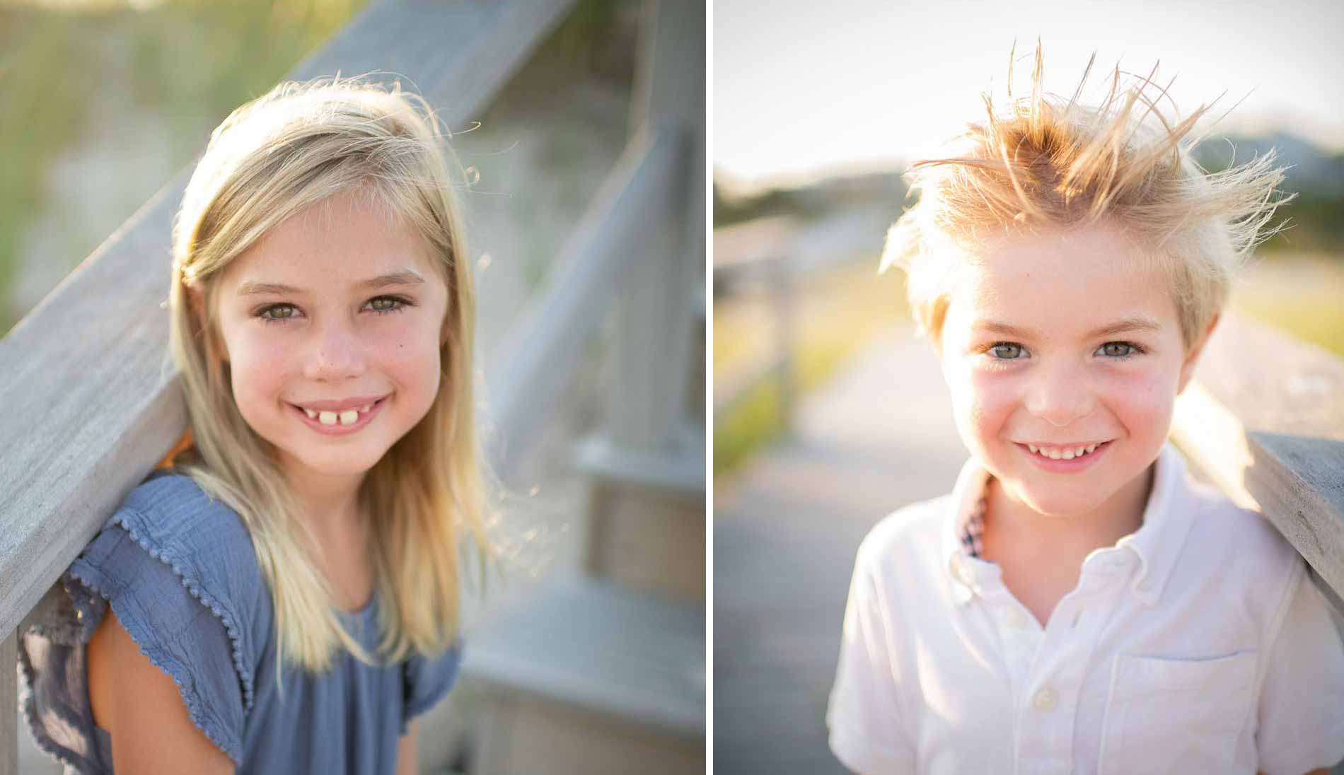A split image features two children outdoors in a Hamptons setting. On the left, a smiling girl with blonde hair wearing a blue dress leans on a wooden railing. On the right, a smiling boy with spiky blonde hair wearing a white shirt stands against a wooden post, both basking in soft sunlight.