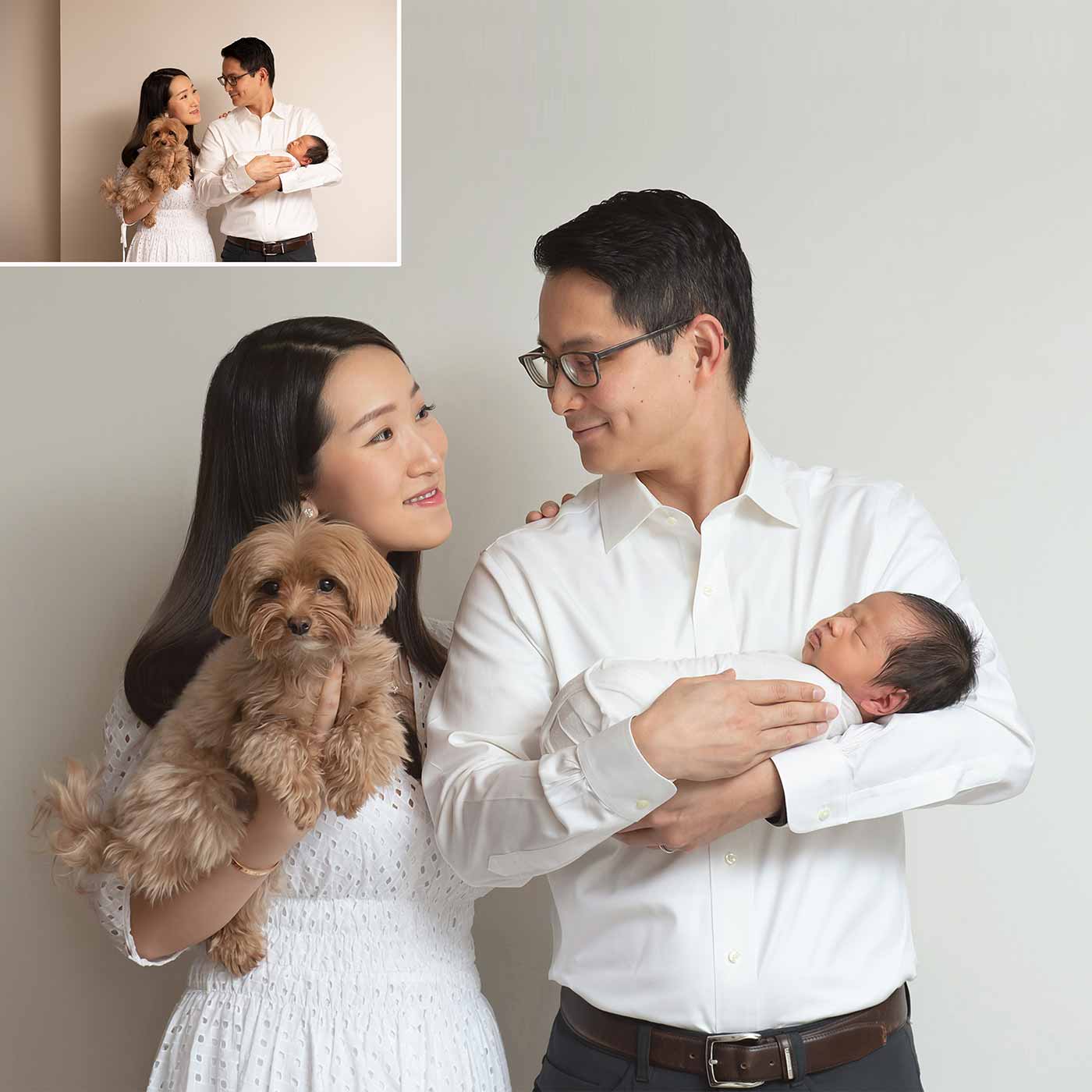 A couple dressed in white holds their newborn baby and a small dog. The woman, looking at the man, holds the dog, and the man, wearing glasses, cradles the baby. A smaller inset image offers a family portrait before-and-after comparison with a plain background.