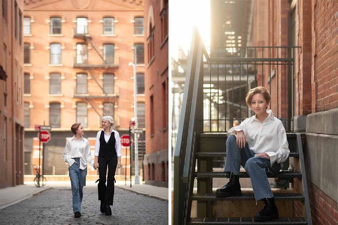 Left image: Two teen sisters walk hand in hand along a cobblestone street between red-brick buildings. Right image: One person sits on an outdoor metal staircase in Tribeca, New York City, against a brick wall, wearing a white shirt and jeans, with short hair and black boots.