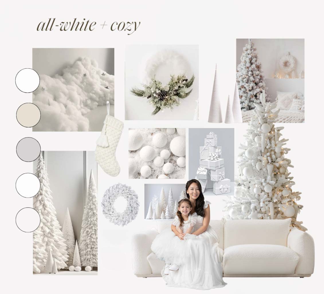 A mood board of Christmas themed decor, including a snow covered pine tree, gift boxes, and a white couch.