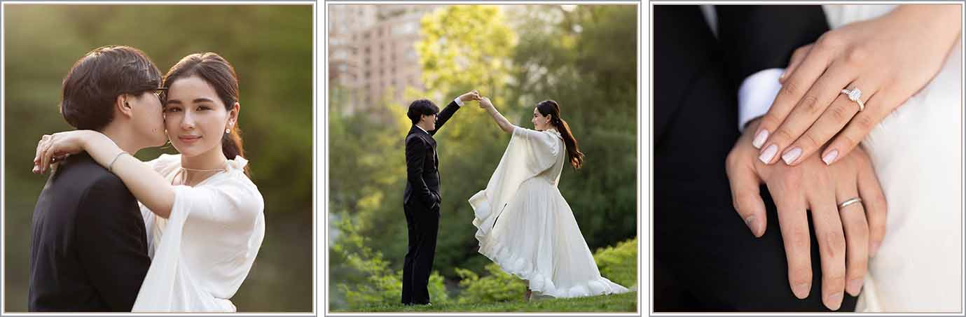 A collage of images featuring a couple posing for engagement photos in NYC's Central Park.