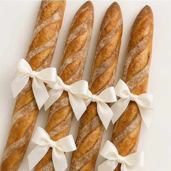 Four baguettes arranged side by side on a light surface, each decorated with a white ribbon tied in a bow.