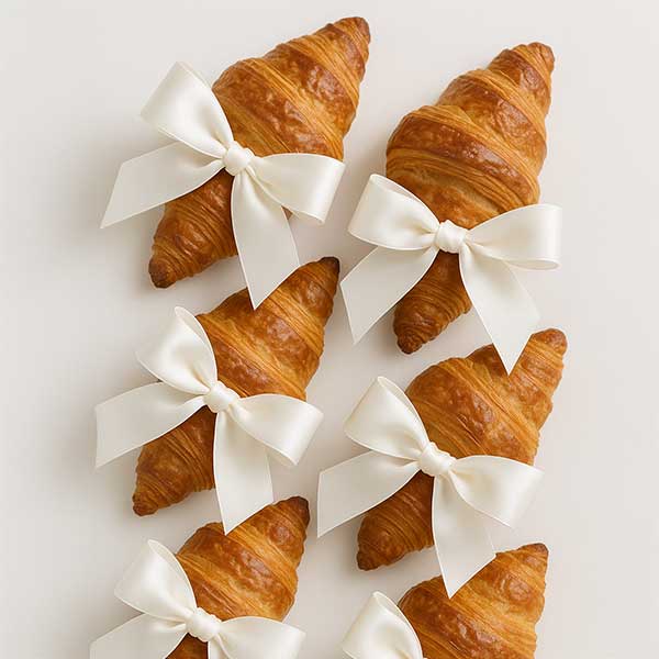 Six croissants are arranged neatly on a white surface, each decorated with a neatly tied white satin bow.