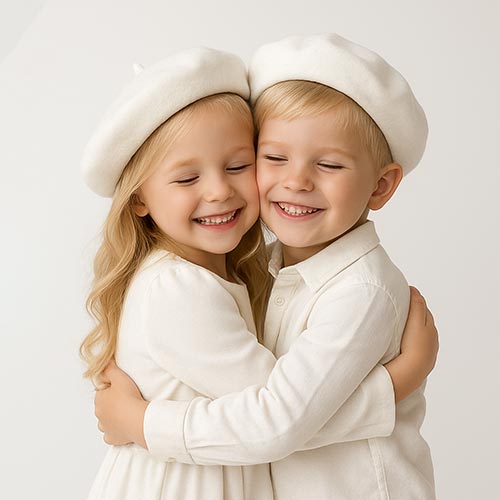 Two children, a brother and sister, dressed in casual Parisian attire are hugging one another and smiling.