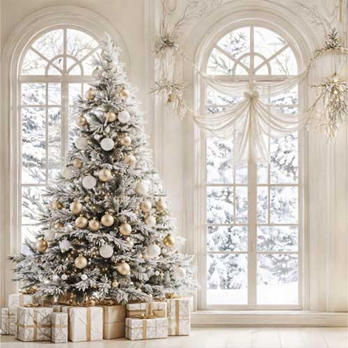 A beautifully decorated Christmas tree with gold and white ornaments stands by tall arched windows in a Parisian chateau, surrounded by wrapped gifts. Snow-covered trees are visible outside, creating a festive and elegant winter scene.