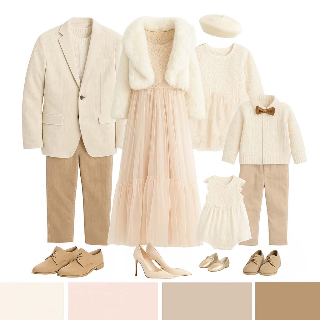 A coordinated family outfit set in neutral cream and beige tones, including a men’s suit, women’s tulle dress with faux fur shawl, kids’ dresses and outfits, and matching shoes, all displayed neatly with color swatches below.