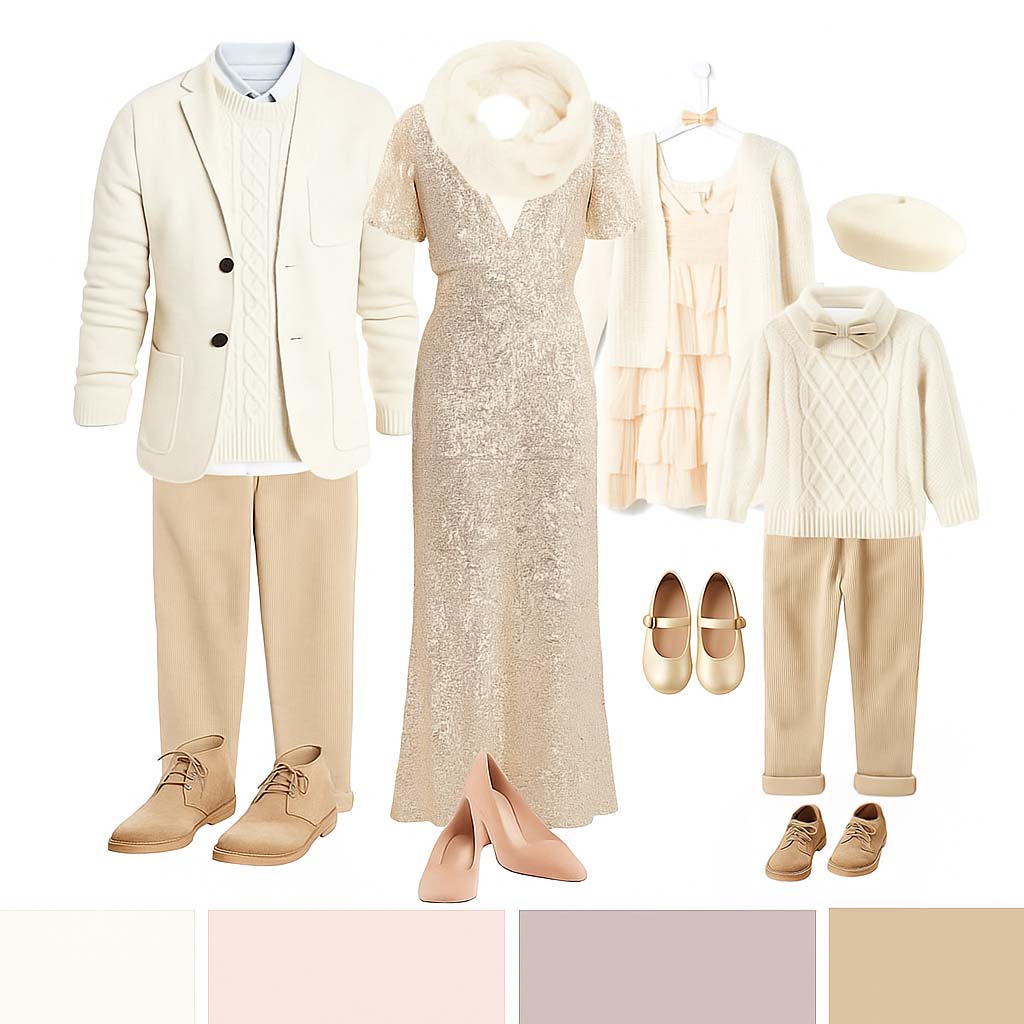 A coordinated family outfit set in neutral tones includes men's, women's, and children's clothing and shoes in cream, beige, blush, and tan, with a color palette of soft neutrals displayed below the outfits.