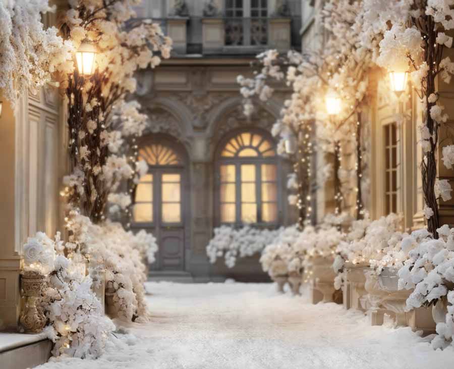 A picturesque, snowy courtyard in Paris is illuminated by warm street lamps, with elegant buildings and windows in the background. Snow-covered plants and twinkling fairy lights line the peaceful, wintry pathway.