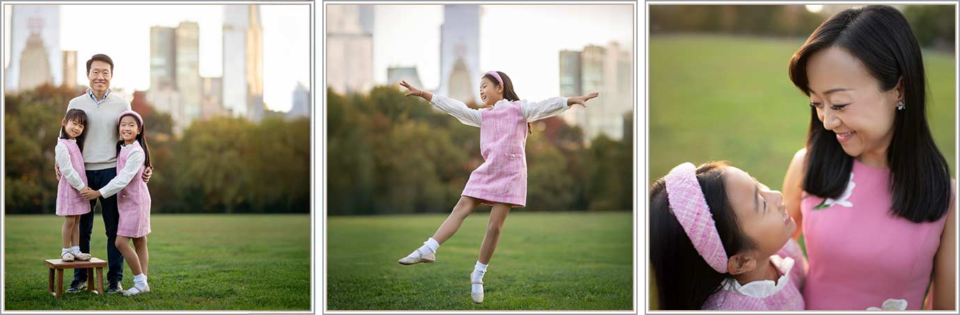 Three images, showing a family photoshoot in Central Park with a father, mother, and two young girls.