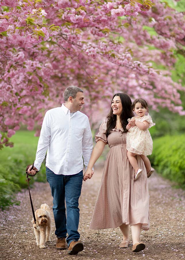 A smiling husband and wife walk hand in hand under cherry blossoms in Central Park, with the man holding a small dog on a leash and the woman carrying their young daughter in her arms.
