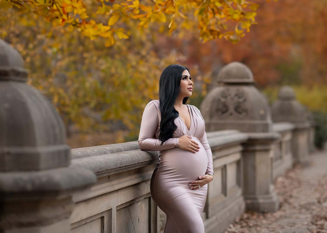 A pregnant woman in a long, light pink dress stands by a stone railing in Central Park, framed by autumn leaves, as a maternity photographer captures her gently cradling her belly and gazing thoughtfully into the distance.