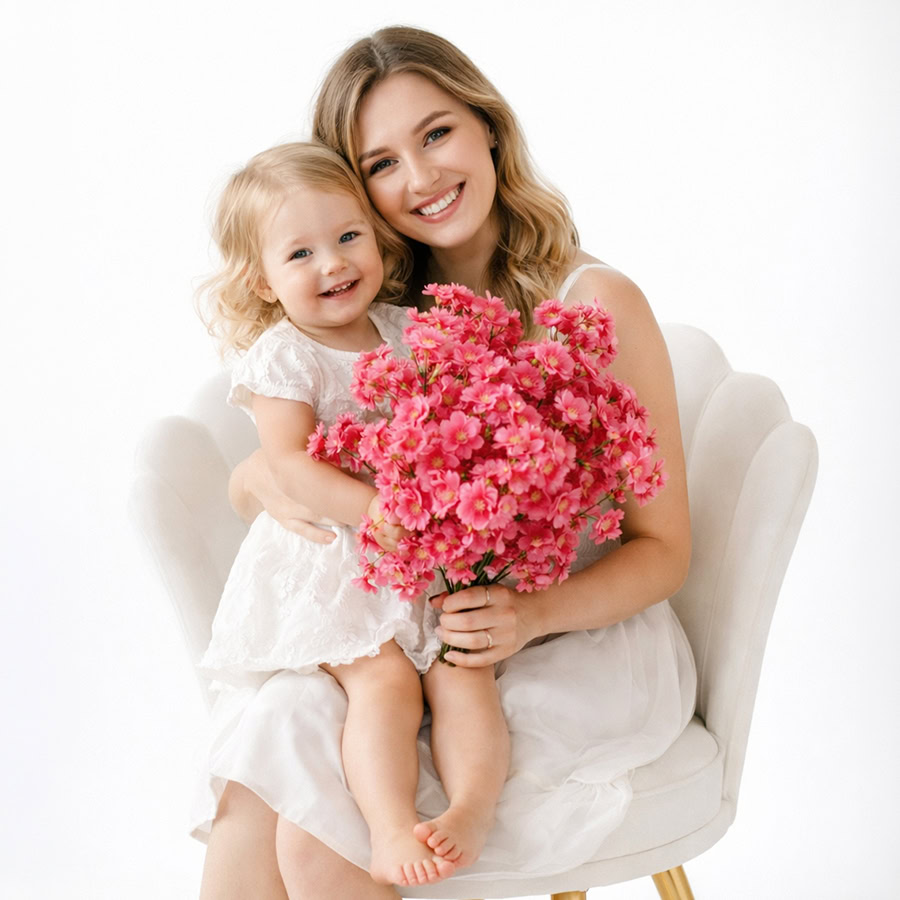 A smiling woman and young girl in white dresses sit together on a cream chair at an NYC photo studio, holding a large bouquet of pink flowers against a white background.