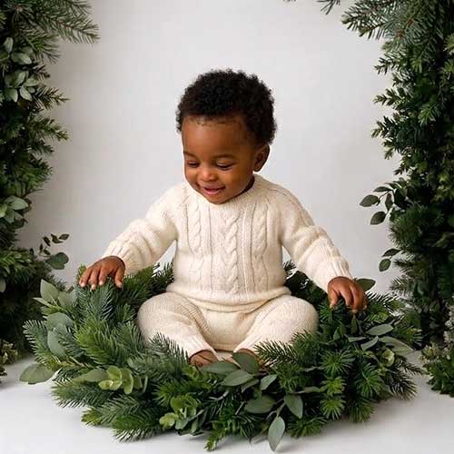 A smiling baby in a cream knit outfit sits inside a wreath made of green pine and eucalyptus branches, surrounded by more greenery, against a white background.