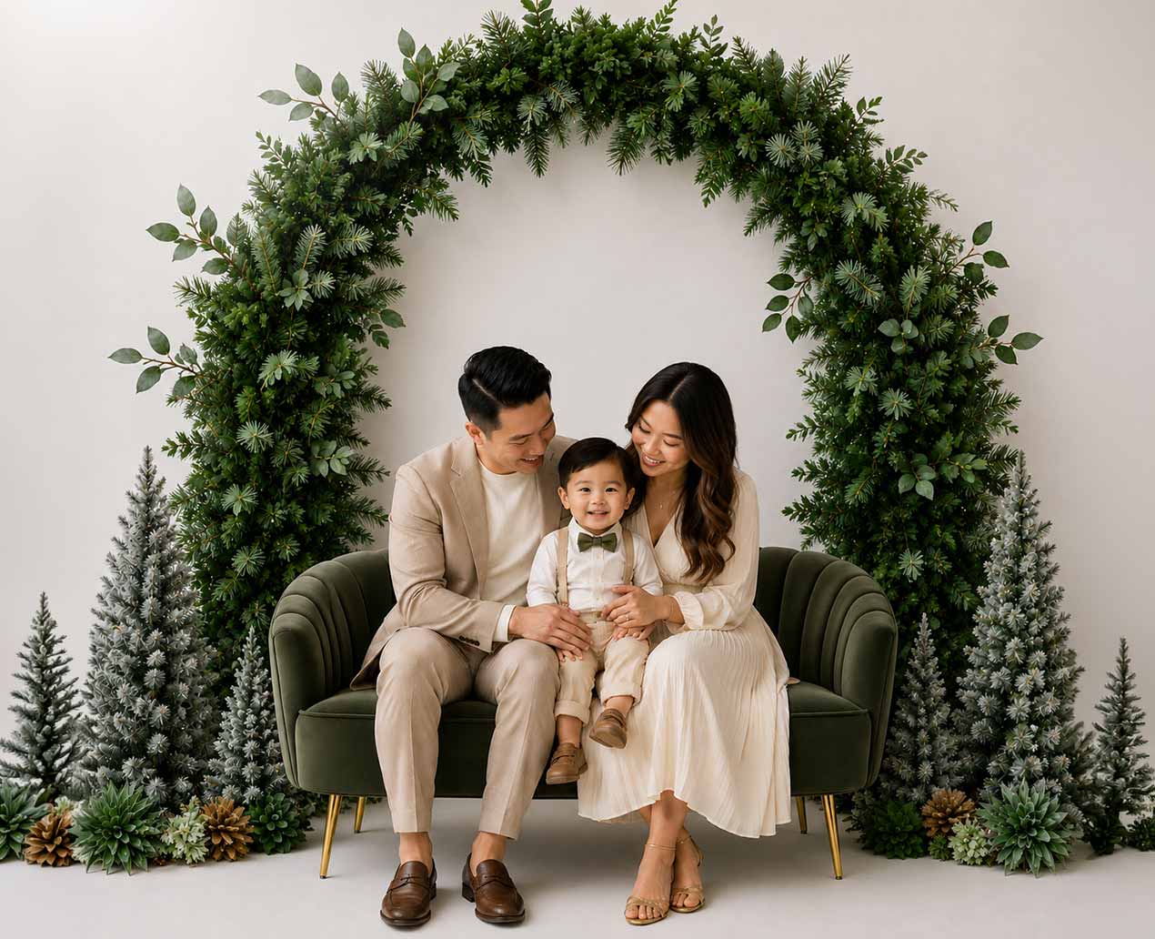A family of three sits on a green couch, surrounded by pine trees and a large greenery arch, smiling together in a light, festive setting at an NYC photo studio.