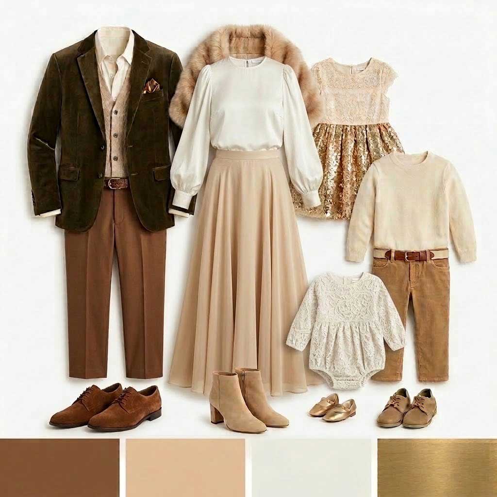 Coordinated family outfits in cream, beige, and brown tones, including a suit, maxi skirt, boots, two girls’ dresses, a baby romper with shoes, and a boy’s sweater and pants, with matching color swatches below.