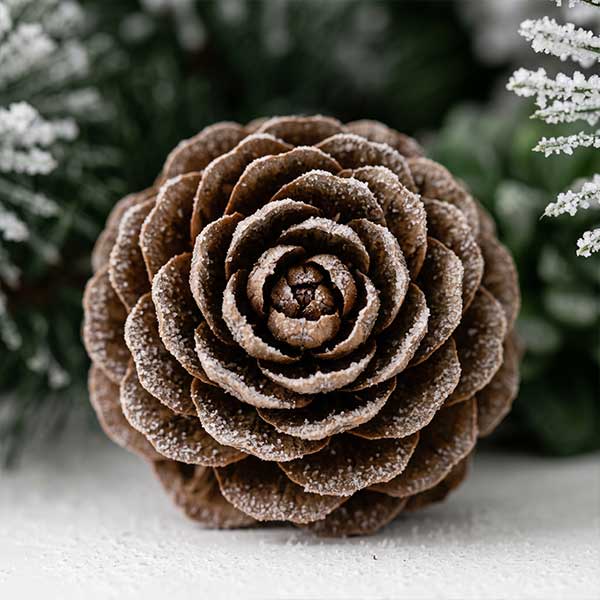 Close-up of a frosted pine cone with snow and greenery in background.