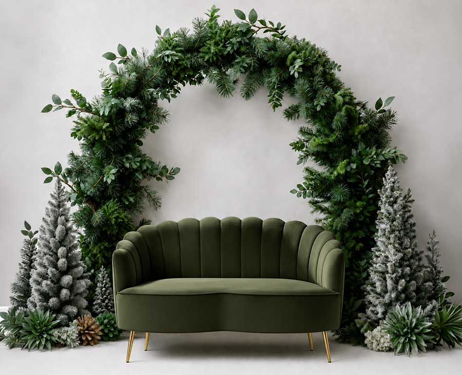 A green velvet sofa sits in front of a large arch made of lush green foliage, with small, frosted trees and pinecones on either side, creating an enchanting christmas portrait set against a light-colored background.