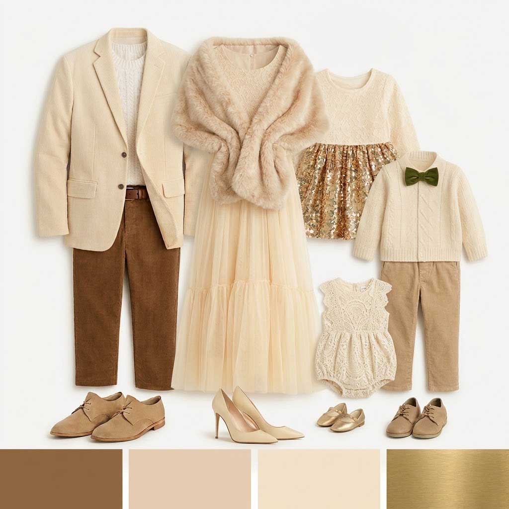 Coordinated family outfits in cream, beige, and gold tones, including a men’s suit, a women’s dress with fur shawl, children’s dresses, and boys’ outfits, with matching shoes. Three color swatches shown at the bottom.